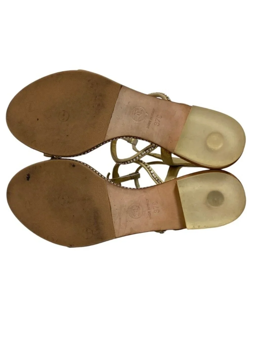 Chanel CC Logo Rhinestone Ankle Strap Flat Sandals 37C Gold